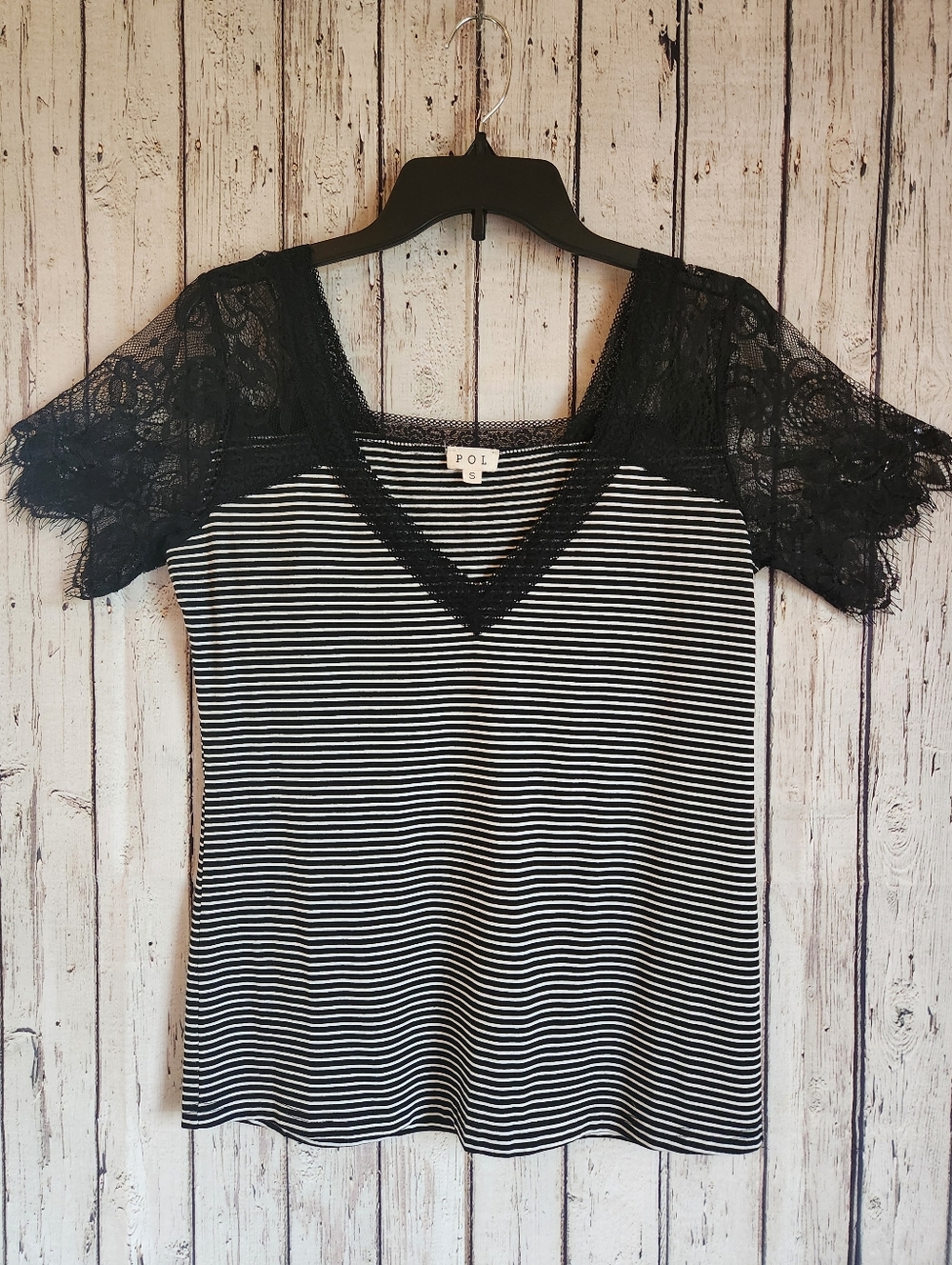 POL Black White Striped Lace V-Neck Blouse Top Small - Scalloped Sleeve Boho